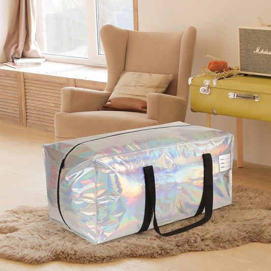 4 Pack Heavy Duty Moving Bags Extra Large Waterproof Foldable Clothing Storage Totes Bags with Zipper,Reinforced Handles,Packing Moving Boxes for Dorm & Seasonal Storage,Iridescent