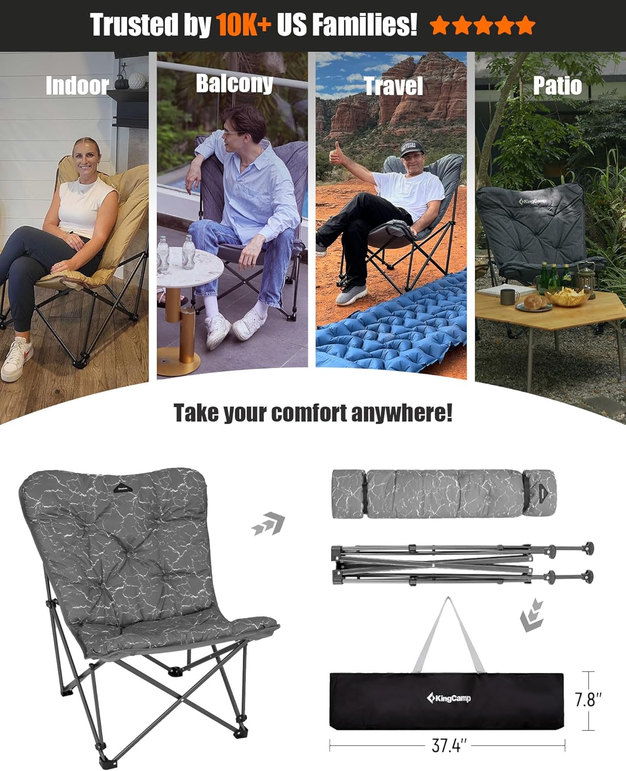 KingCamp Butterfly Chair Oversized XL Saucer Chair for Adults Padded Folding Comfy Camping Chairs for Teens Kids 300lbs Heavy Duty with High Back for Bedroom Living Room Dorm Rooms Outdoor Patio Lawn