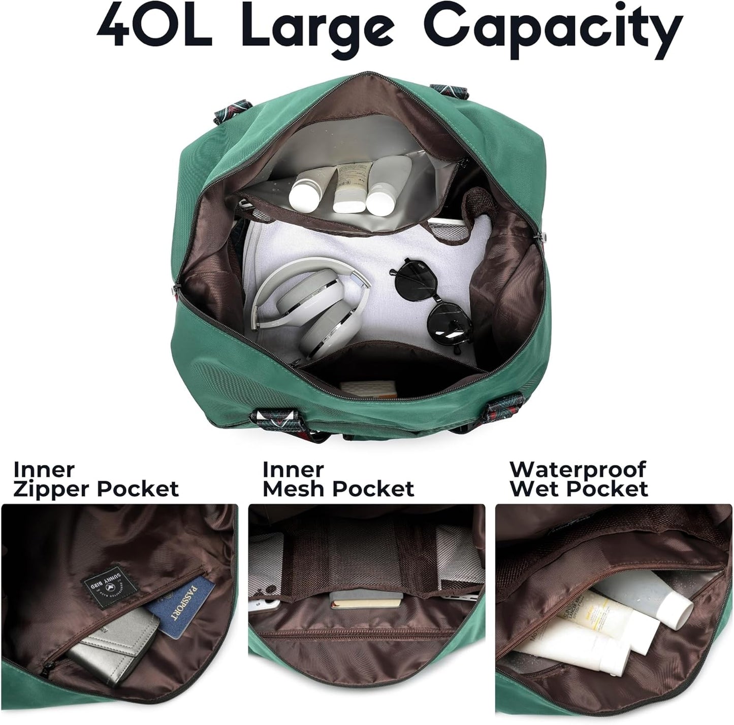 SUNNY BIRD Duffel with Utility Pouch, 40L Weekender Overnight Bag with Shoe Compartment for Travel and Sports (Greenboho)