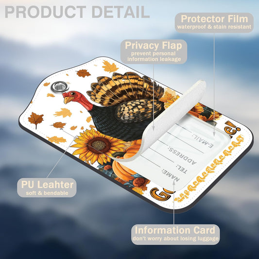 2 Pack Autumn Turkey and Pumpkin Luggage Tags for Suitcases Sunflower Leather Luggage Tags Privacy Cover ID Label with Stainless Steel Loop and Address Card for Women Men Travel Bag Backpack