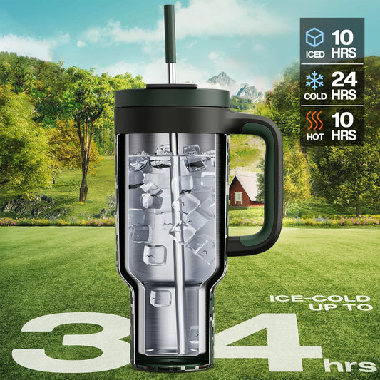40 oz Camo Tumbler with Handle, 2-in-1 Straw and Sip Lid, Leakproof, Dishwasher Safe, Insulated Stainless Steel Travel Coffee Mug, Keeps Cold for 34 Hours, Fits in Car Cupholder (Woodland Flag)