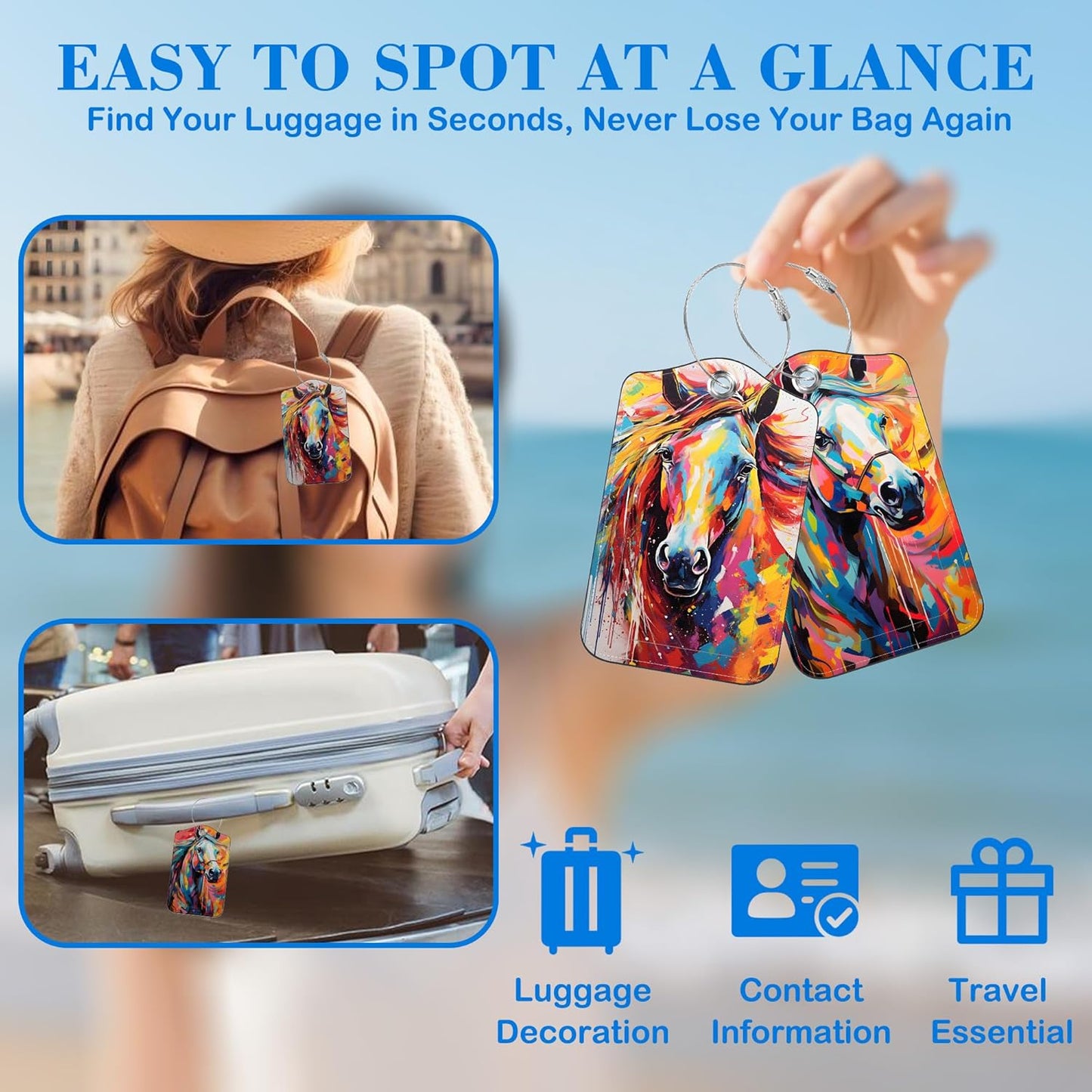 Abstract Horse Luggage Tags for Suitcases Leather Travel Tags for Luggage ID Label with Privacy Cover and Stainless Steel Loop for Men Women Suitcase Backpack, Set of 2