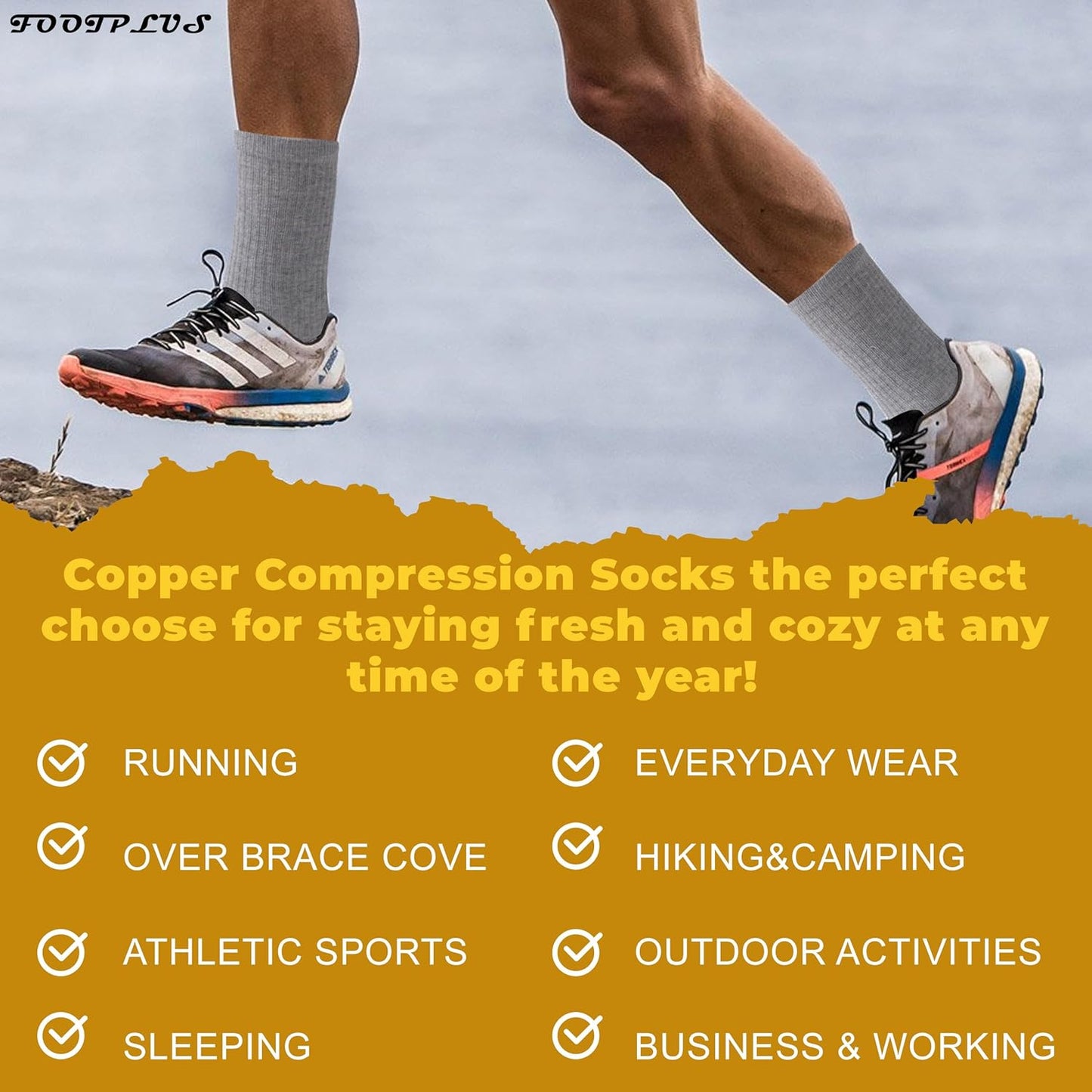 FOOTPLUS Hiking Copper Compression Socks,Unisex Cushioned Sole Arch Support Athletic Crew Running Socks