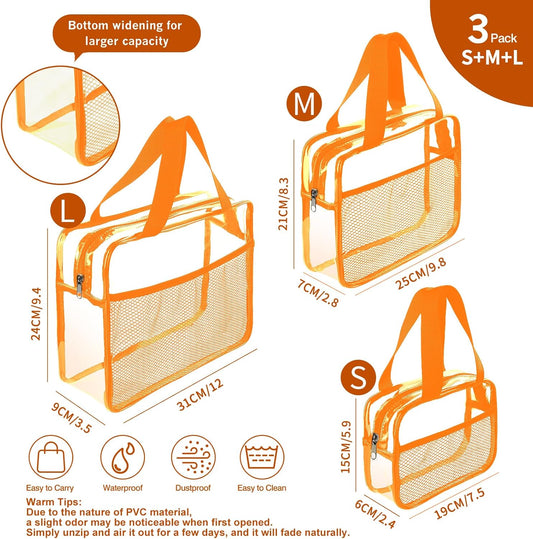 XEWEA Clear Travel Toiletry Bags, 3 Pack TSA Approved Transparent Makeup Bag for Men Women, Large Waterproof PVC Quart Organizer with Zipper for Toiletries Airline Essentials,Toy Storage Pouch Orange