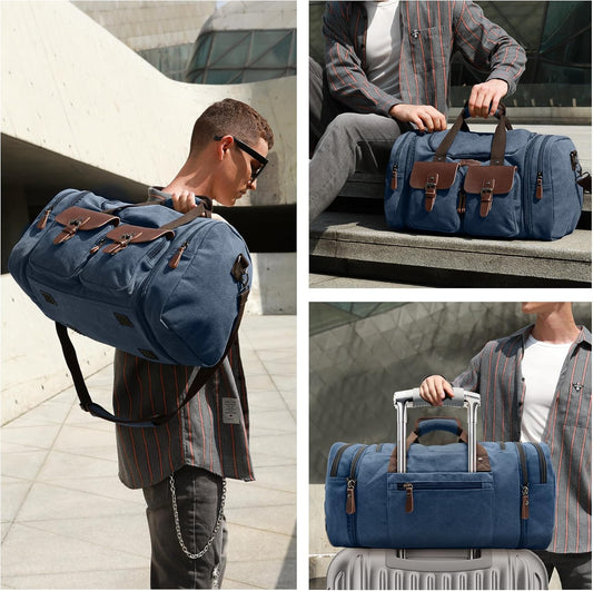 Wildroad 50L Travel Duffel Bag, Expandable Canvas Genuine Leather Duffle Bag Upgraded Overnight Weekender Carry on Bag (Navy Blue, Large-50L)