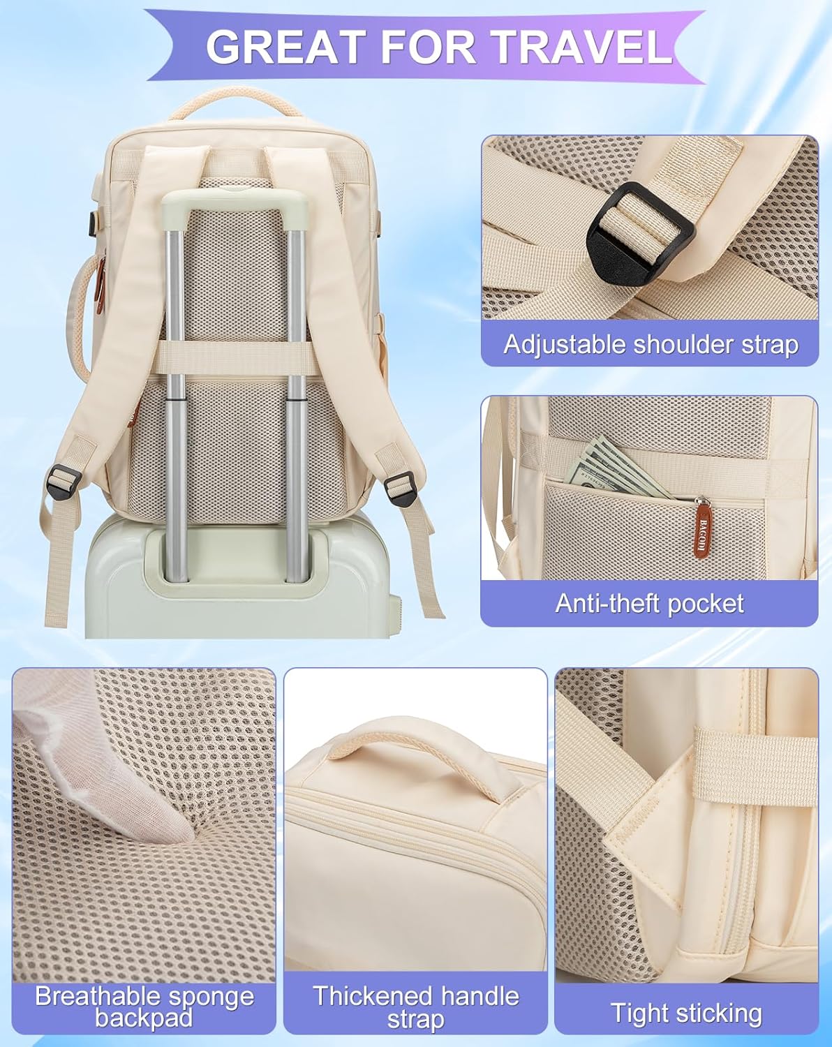 42L Travel Laptop Backpack, Expandable Carry-on Luggage, Anti-Theft Business Weekender Bag with USB Port, 3 Packing Cubes & Shoe Bag (Beige)