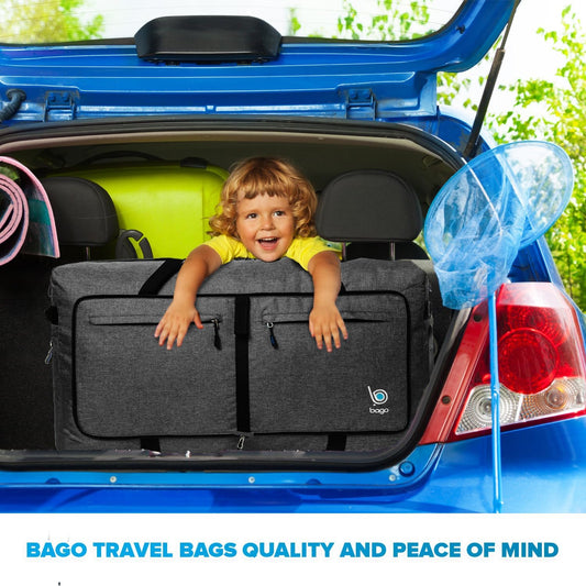 Bago Large Foldable Duffel Bags for Traveling Women & Men - 120L Packable Duffle Bag for Travel with Shoe Compartment - Water Repellant, Heavy Duty, Lightweight Folding & Collapsible (SnowBlack)