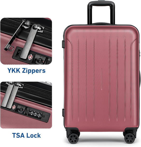 KYME Suitcase Hardshell With Double Spinner Wheels, PC+ABS TSA Lock Travel Luggage (Berry Red, 24" Checked)