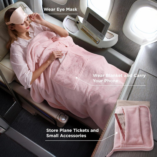 Bedsure Travel Blanket Airplane Compact with Storage Bag, Packable Blanket with Eye Mask, Lightweight 2-in-1 Travel Essentials, Functioned as Pillow for Airplane Comfort and Warmth, Pink