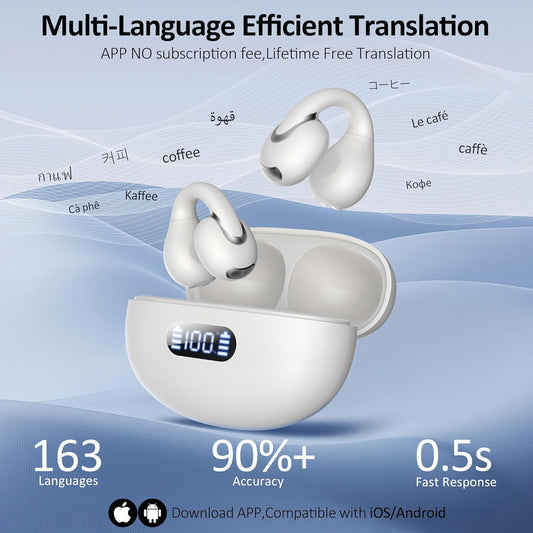 Language Translation Earbuds Real Time, IAMJOY Language Translator Earbuds Open Ear Clip-On Earbuds, Audifonos Traductores Inglés Español Language Translator Device with APP for Travel Study, White