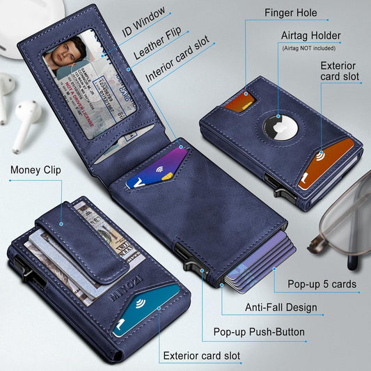 Airtag Wallet for Men,with Money Clip Gift Boxed,Slim Front Pocket Wallet RFID Blocking Metal Case Smart Pop-up Credit Card Holder in Magnetic Leather Flip