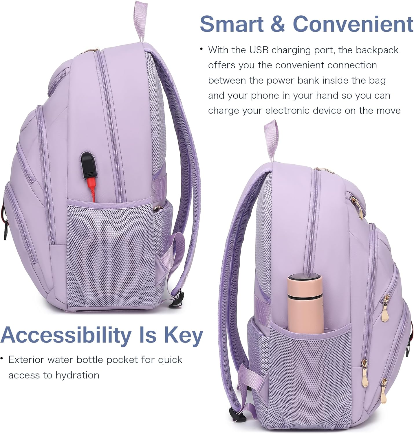 Boavan Laptop Backpack for women, 15.6inch Laptop Bag with USB Port, Waterproof Travel Work Backpack Purse, Anti-Theft Teacher Nurse Doctor Casual Bookbags Office Business backpack,Purple