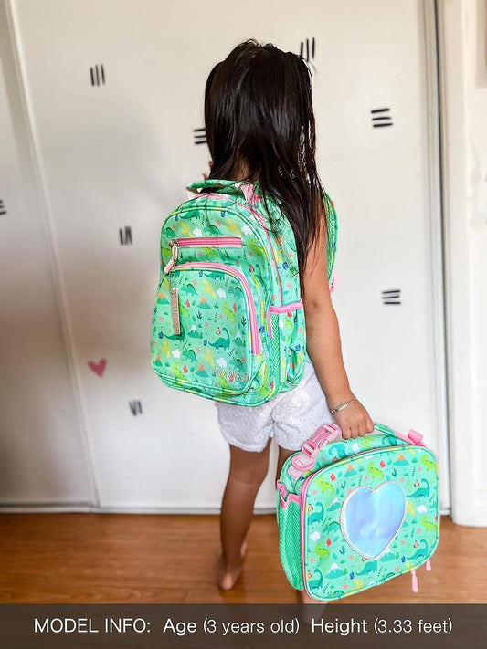 mibasies Girls Backpack 5-8: Lightweight Kids Backpacks for Girls - Girl Bookbag for Elementary School - Dinosaur Forest Light Green
