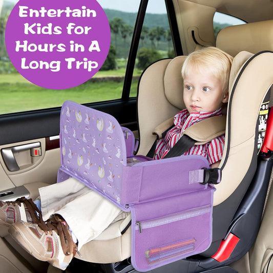 MENZOKE Car Seat Tray for Kids Travel, Kids Travel Tray with Educational Drawing Board, Tablet Holder & Cooler Cup Holder, Holiday Gifts for Car Trip, Purple