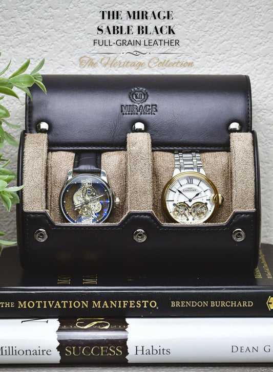 2 Watch Roll Travel Case – Leather Watch Holder Case for Travel - Black Full Grain Cow Leather (Beige Interior)