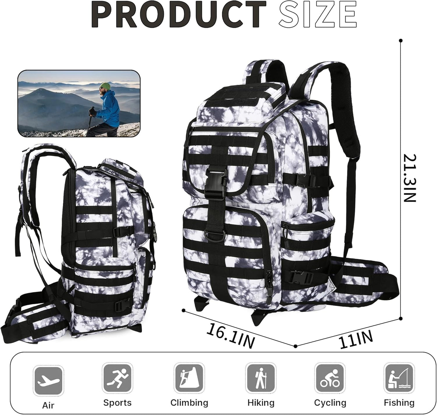 50L Military Tactical Backpack Hiking Waterproof Backpack Large Military Pack 3 Day Assault Pack Molle Bag Rucksack (White Camo)