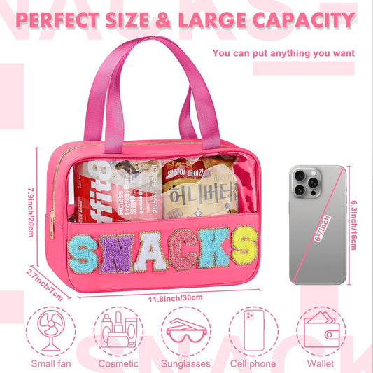 Snack Bag for Travel - Chenille Letter Clear Makeup Bag, Large Preppy Patch Snack Cosmetic Bag with Handle and Zipper, Cute Makeup Pouch Nylon&PVC Waterproof Toiletry Organizer Storage for Women Girls