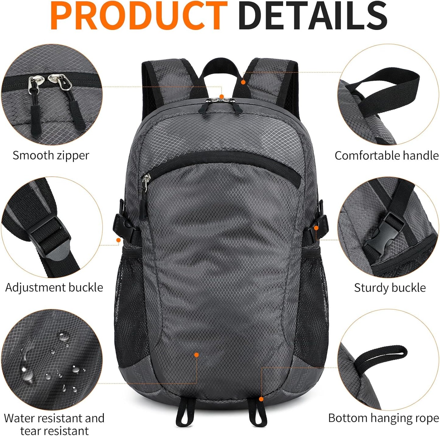 Small Hiking Daypack,15L Waterproof Hiking Backpack Packable Lightweight Travel Day Pack for Women Men (Grey, Small)