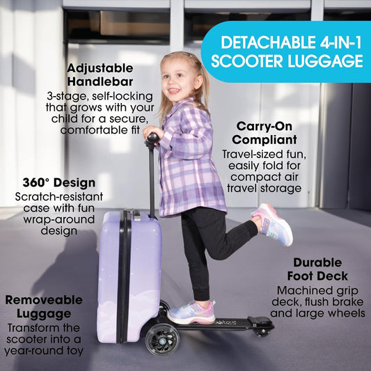 KIDDIETOTES Detachable 4-in-1 Scooter Luggage for Kids – Ride-On Suitcase with Removable Luggage Body, Adjustable Handlebar, Durable Deck & Brake, Carry-On Size – Travel & Play