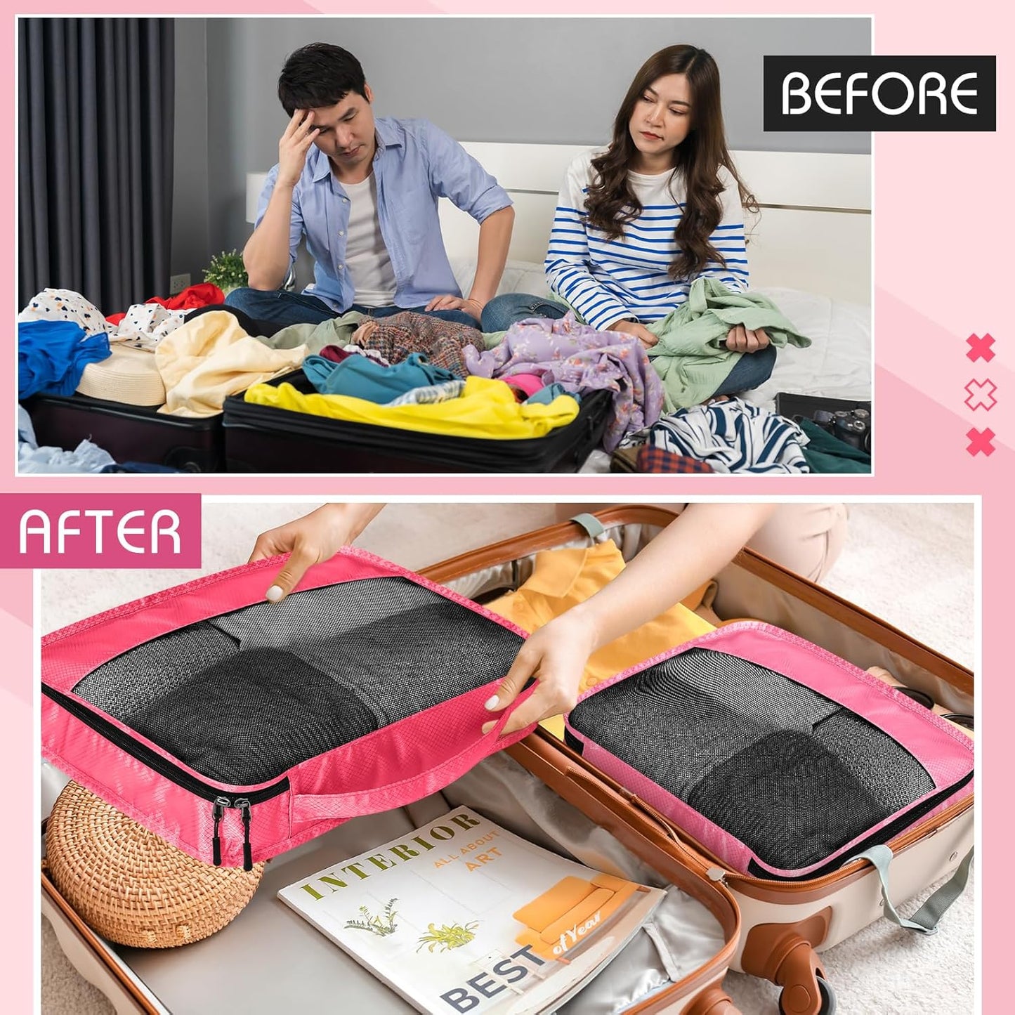 5 Pcs Packing Cubes for Suitcase Large Travel Cubes Carry on Luggage Organizer Bags for Clothes Accessories(Mixed,Pink)