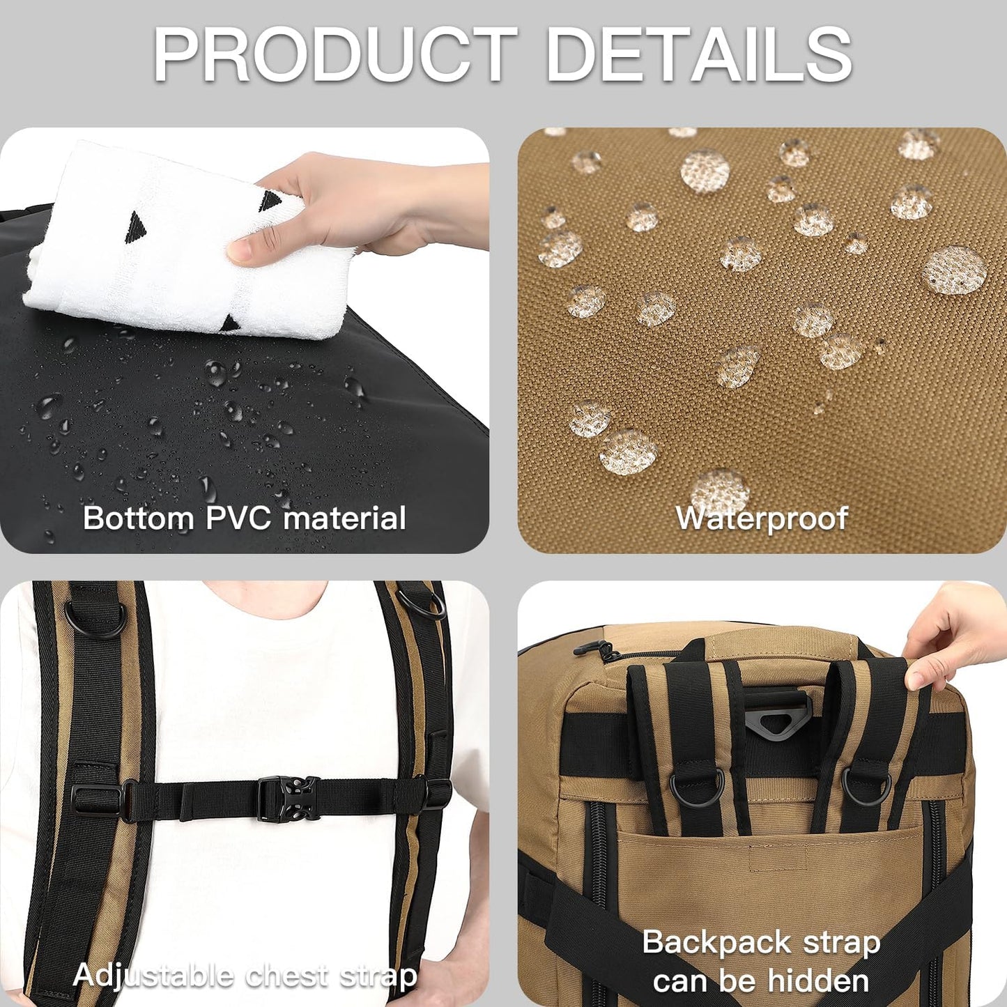 TUGUAN Extra Large Travel Duffle Bag Backpack for Men with Adjustable Dividers 120L Big Weekend Overnight Bag with ID Pocket Shoulder Strap Heavy Duty Sports Duffel Bags for Camping Gym, Brown