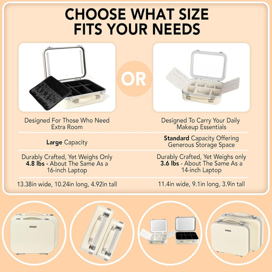 Lighted Makeup Case with Mirror - Standard Size 11.4" x 9" - Travel Makeup Train Case With Mirror - Rechargeable LED Travel Vanity Case with Adjustable Brightness - Train Case Makeup Bag - White