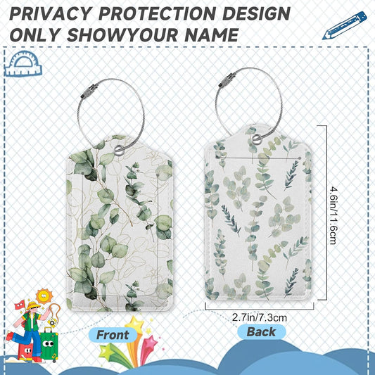 2 Pack Leather Luggage Tag for Suitcase Green White Eucalyptus Leaves Unique Travel Tags with Privacy Cover ID Label & Stainless Steel Loop for Men and Women Baggage