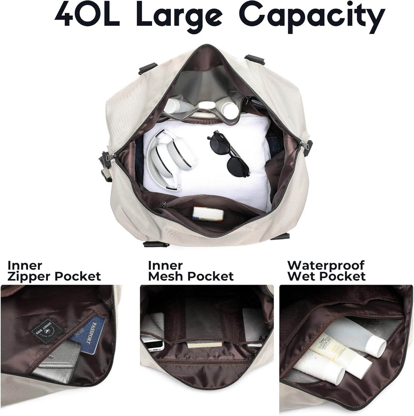 SUNNY BIRD Duffel with Utility Pouch, 40L Weekender Overnight Bag with Shoe Compartment for Travel and Sports (Grey and black)