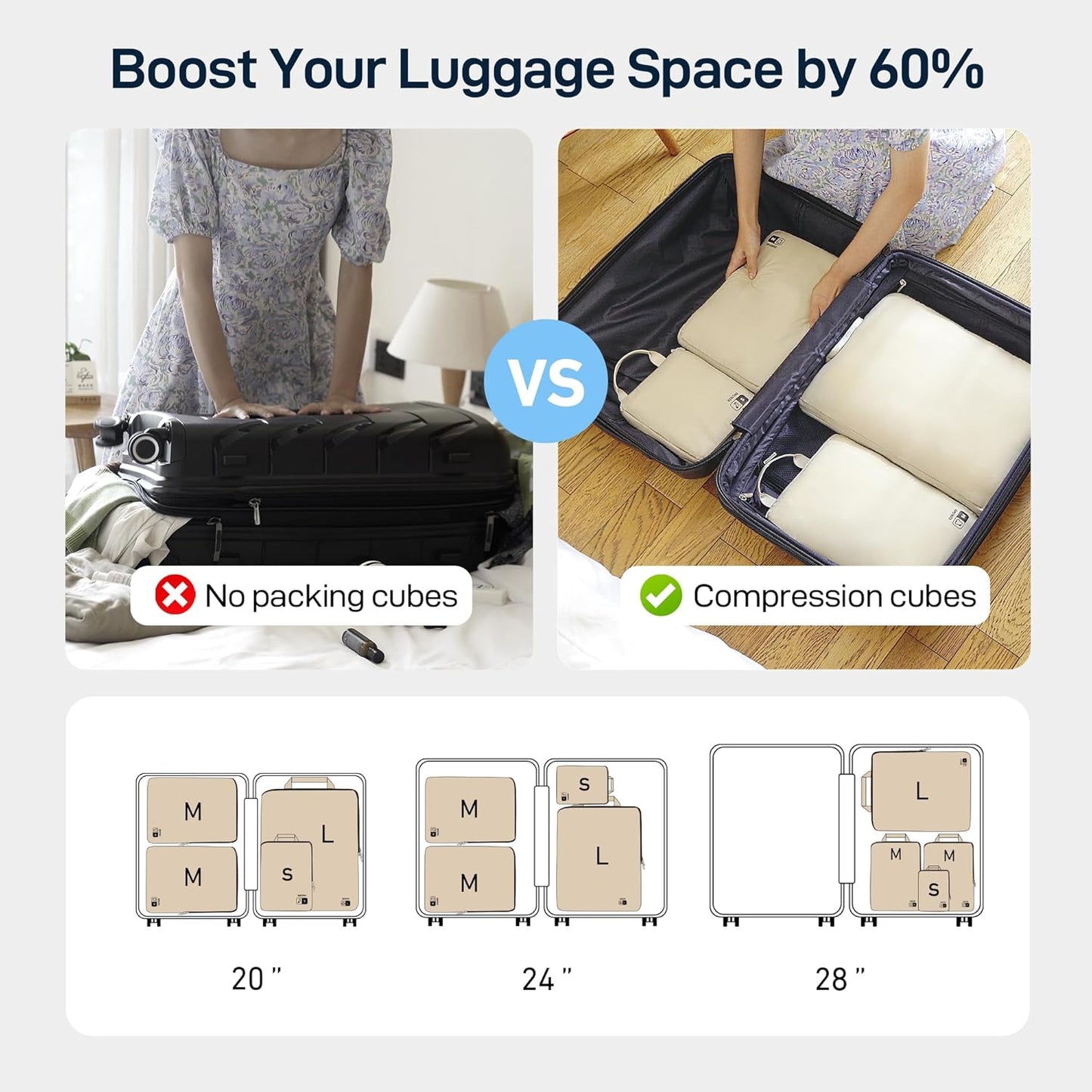 EPICKA 4 Set Ultra-Lightweight Compression Packing Cubes - Water Resistant Durable Travel Organizers Bags, Expandable Travel Accessories for Carry on, Luggage, Suitcase Backpack (Beige)