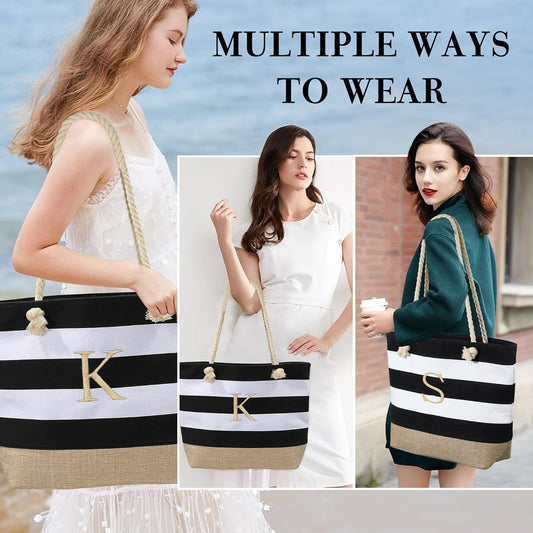 YOOLIFE Initial Canvas Waterproof Beach Tote Bag Zipper Personalized Gifts for Women Her Birthday Travel Beach Essential