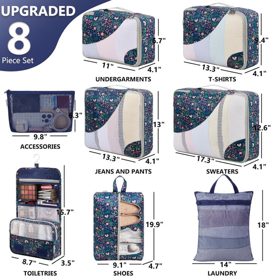 8 Set Packing Cubes for Travel,Gifts for Women Mom,Anti-Tearing Suitcase Organizer for Luggage with Shoe & Hanging Toiletry Bag,Vacation Essentials & Accessories for Cruise Ship,Dark Blue Floral