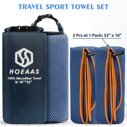 HOEAAS 2 Pack Microfiber Camping Towels, Quick Dry Towel, Super Absorbent Ultra Compact Travel Towel Soft Lightweight Sports Towel for Sweat Fast Drying Towels for Pool,Gym,Hiking,Backpacking,Fitness