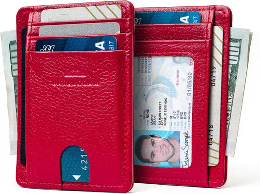 KARAKORAM Vertical Handcrafted Premium Leather Front Pocket Credit Card Holder with RIFD Protection | Artisan Made Slim Leather Wallet | Finger Glide Slots for Cards and ID (Summit Sunset Red)