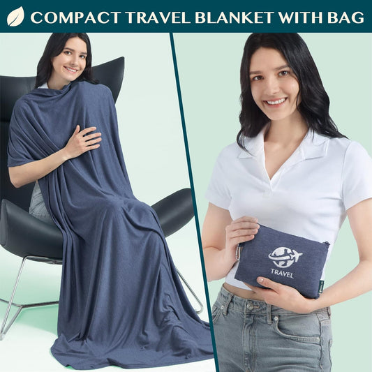 PAVILIA Travel Blanket Compact, Airplane Packable Bag, Soft Fleece Portable Throw Pillow Combo Set, Plane Flight Car Trips Essentials Gift Accessories, Luggage Backpack Clip, Navy Blue, 65 x 40 inch