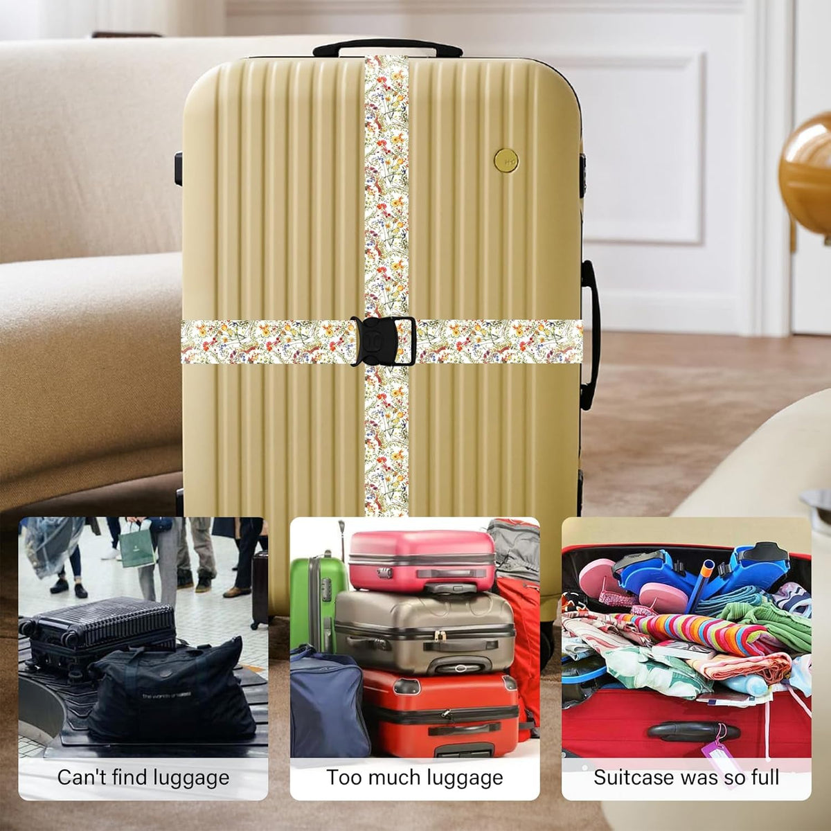 Luggage Straps for Suitcases, Travel Adjustable Belt with Quick Release Buckle, Heavy Duty Nylon Bag Packing Strap, Unique Bright Identifiers Business Travel Accessories (2 Pack) - Yellow Flowers