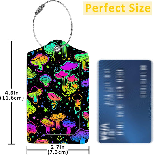 2 Pack Luggage Tags for Suitcases,Colorful Mushrooms Luggage Tag,PU Leather Id Label Luggage Tags with Stainless Steel Loop and Privacy Cover for Women Men Teens Travel