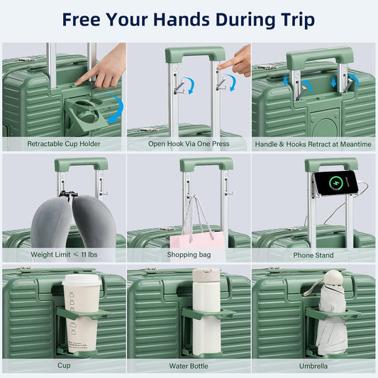 Hard Shell Suitcases Airline Approved 20 Inch Carry on Luggage, Expandable Travel Luggage with Cup Holder Charger Built in, Small Lightweight Suitcases with Wheels, Forest Green