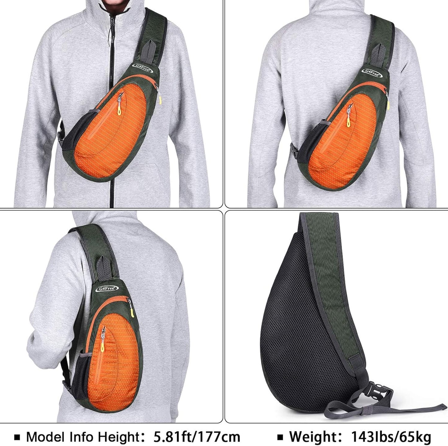 G4Free Sling Bag for Men Women, Small Crossbody Backpack Lightweight Chest Shoulder Bags for Travel, Outdoor and Sports (Grey-orange)