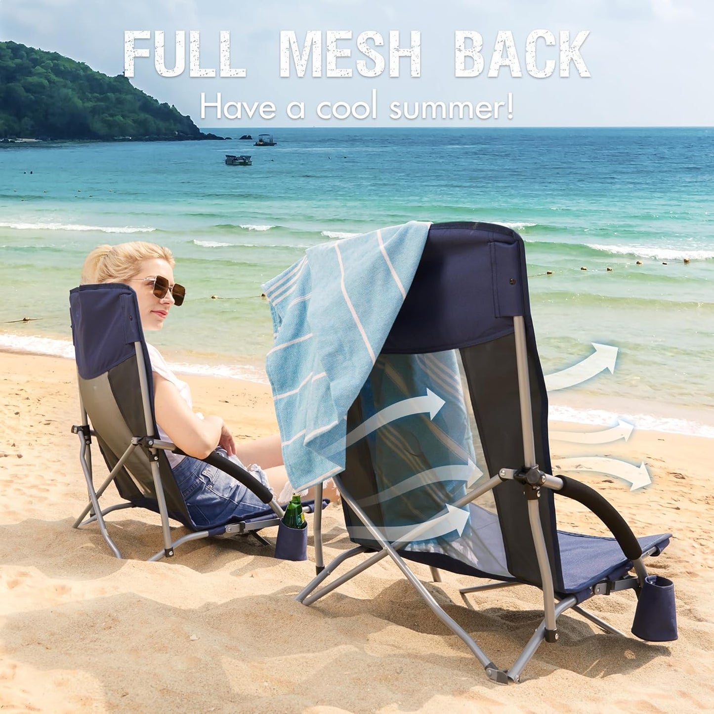 PORTAL Beach Chairs for Adults Camping Low Lightweight Portable Chair with Cup Holder Mesh Back Carry Bag for Outdoor Sand Lawn Travel Picnic Festival Concert, 350LBS