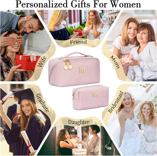 Birthday Gifts for Women Teen Girl, Personalized Initial Makeup Organizer Bag Set, Open Flat Travel Cosmetic Bag With Clear Divider and Handle(Pink,M)
