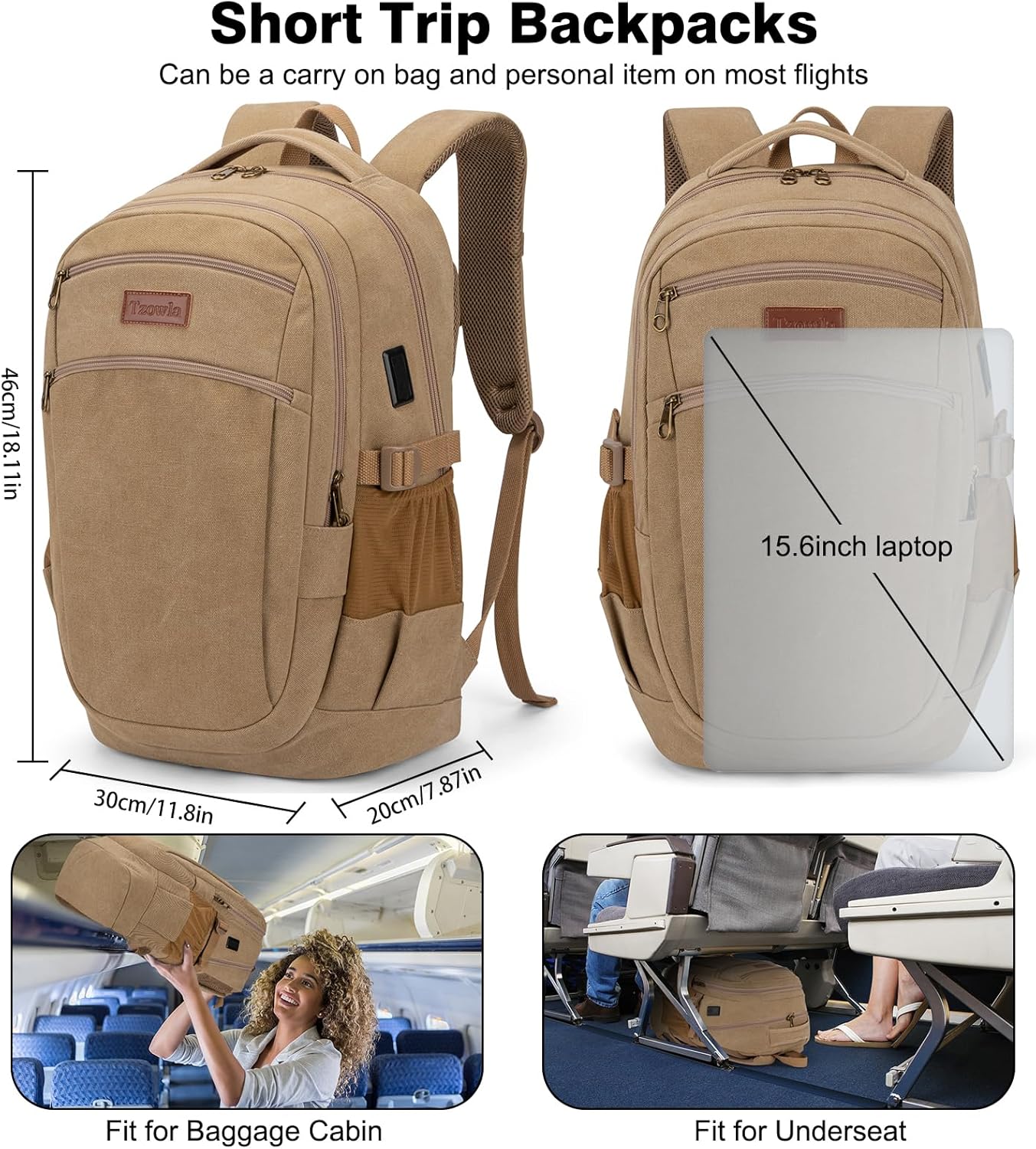 Tzowla Vintage Canvas Laptop Backpack for Men and Women,College Travel Work Rucksack with USB/Type-C Charging Port,Lightweight Bookbag Hiking Casual Daypack Backpacks Fit 15.6 Inch Notebook(Khaki)