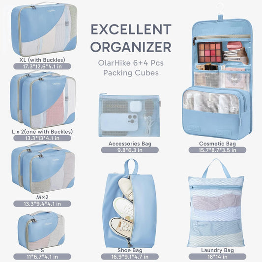 ALL INCLUDED 10 Set Durable Packing Cubes for Suitcases,OlarHike Essentials for Travel,UPGRADED Anti-Tear Stitching, NEW Improved Luggage Packing Organizers for Travel Accessories, Light Blue