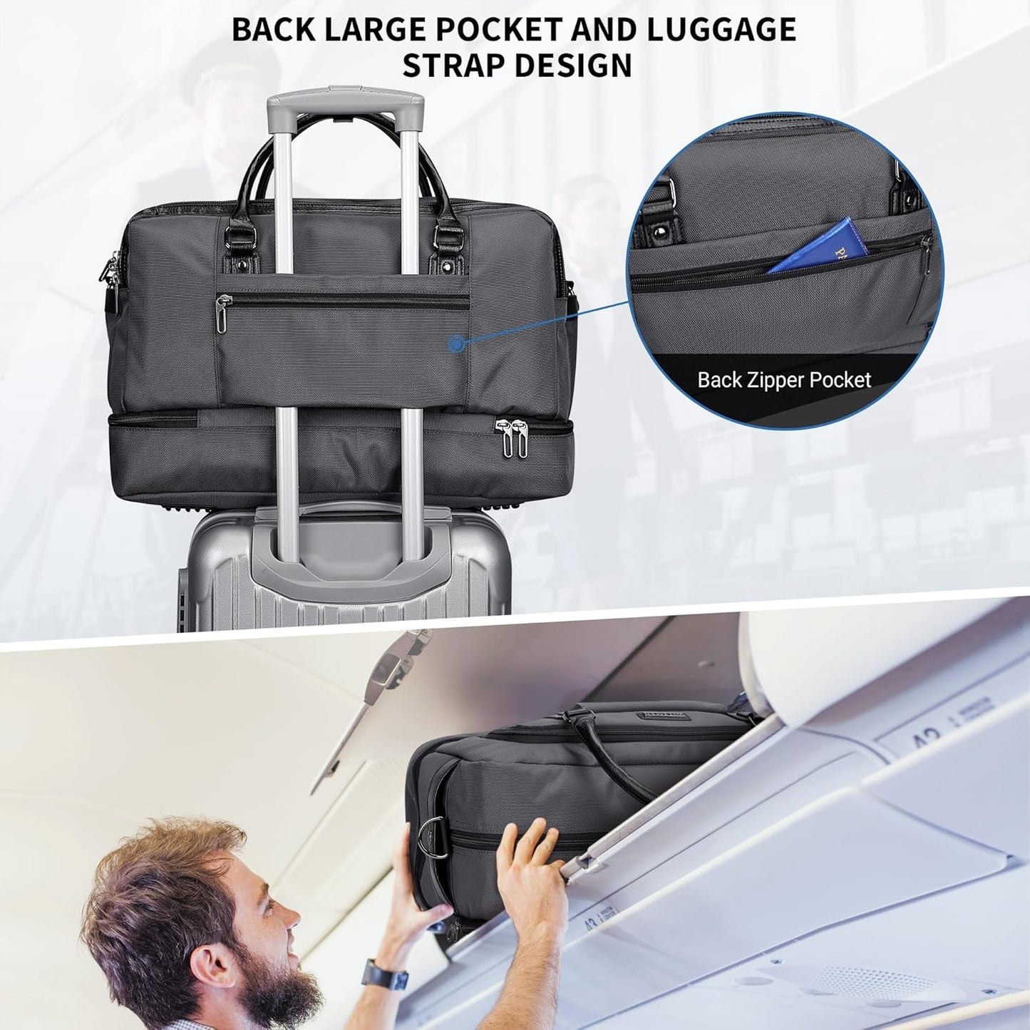 WITZMAN Weekender Bags for Men Women Carry On Duffle Overnight Bag with Toiletry Bag Sets Travel Duffel Bag Shoes Compartment (B694 Silvery Grey)