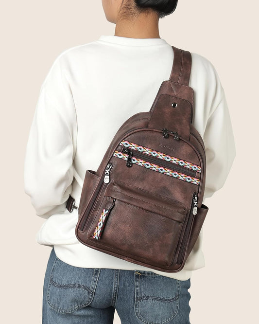 FADEON Large Sling Bag for Women, Leather Crossbody Purse Designer Anti Theft Sling Backpack, RFID Fanny Packs for Travel