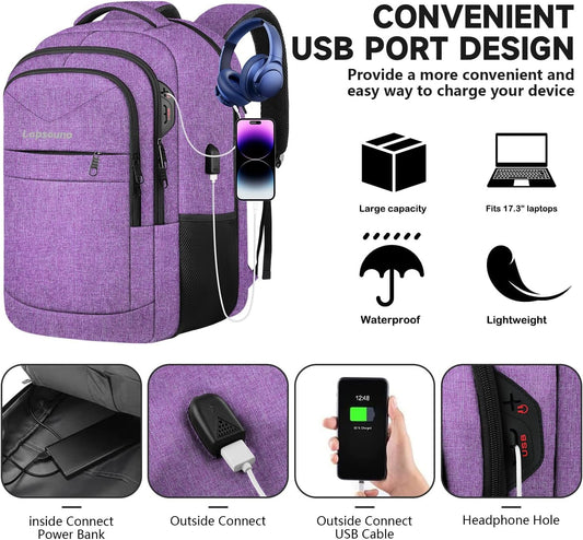 Lapsouno Extra Large Travel Backpack, Travel Laptop Backpack, Multiple Pockets 17.3 Inch Carry on Backpack with USB Port, TSA Friendly Water Resistant College School Business Bag for Women, Purple