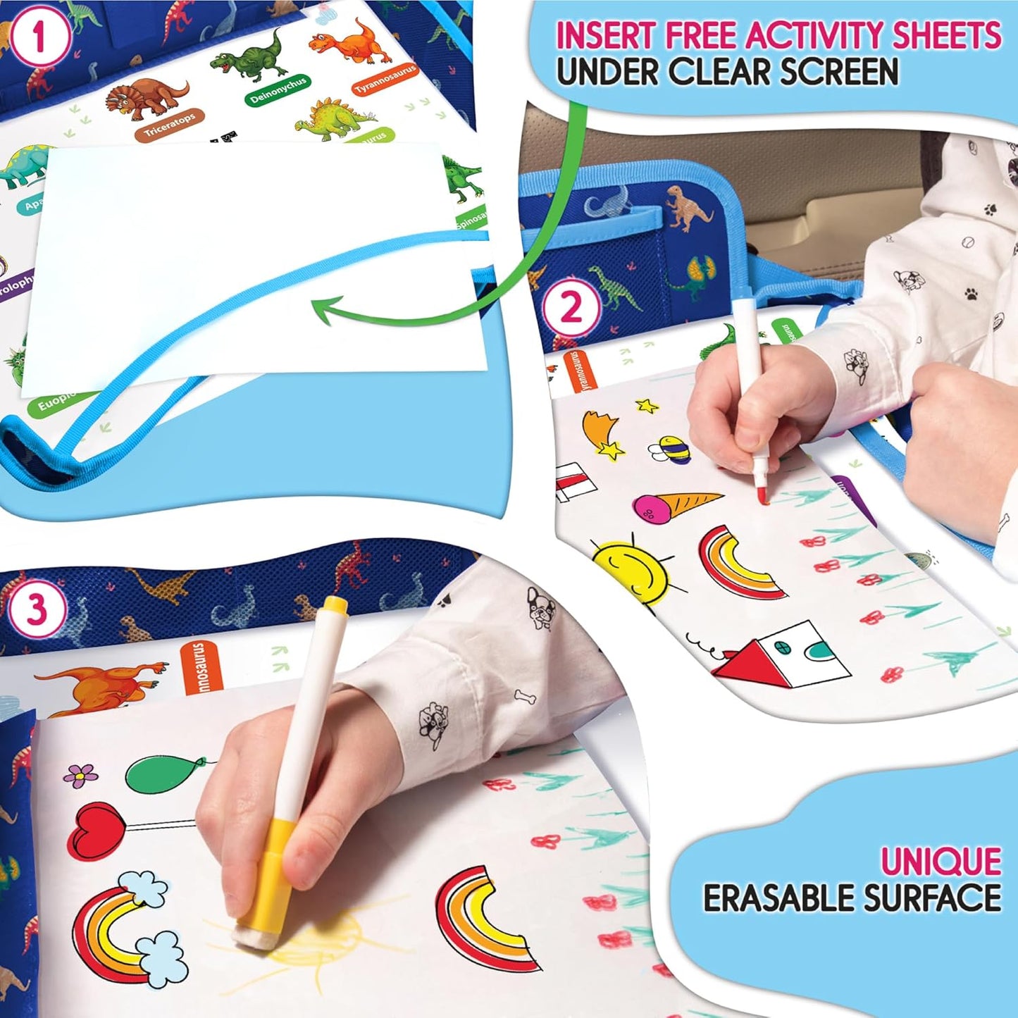 Kids Travel Tray - Waterproof Car Table with No-Drop Large Tablet Holder - Car Seat Tray - Road Trip Must Haves - Lap Desk Kids Organizer for Airplane - Toddler Travel Activities (Blue)