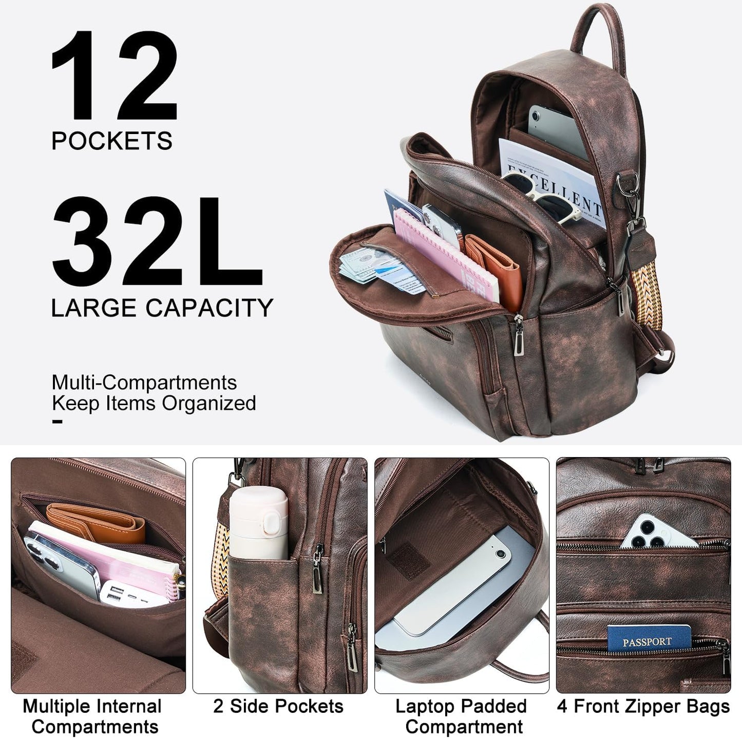 Backpack Purse for Women Laptop Backpack, Leather Travel Backpack Shoulder Bag Teacher College Daypack Work Handbag fits 14" Laptop-Coffee