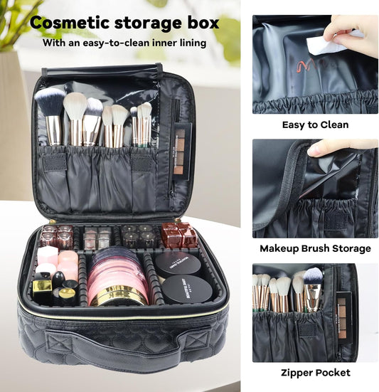 Travel Makeup Bag Makeup Cosmetic Train Case Organizer Portable Storage Bag with Adjustable Dividers for Cosmetics Makeup Brushes Toiletry Jewelry Heart Pattern