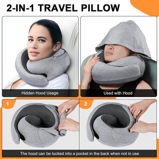 Travel Pillow - Hooded Neck Pillow Airplane Memory Foam Filling for Plane, Office, Cars Sleeping, Road Trip, Long Flights, Portable Plane Accessories, Includes Eye Mask & Earplugs (Light Gray)