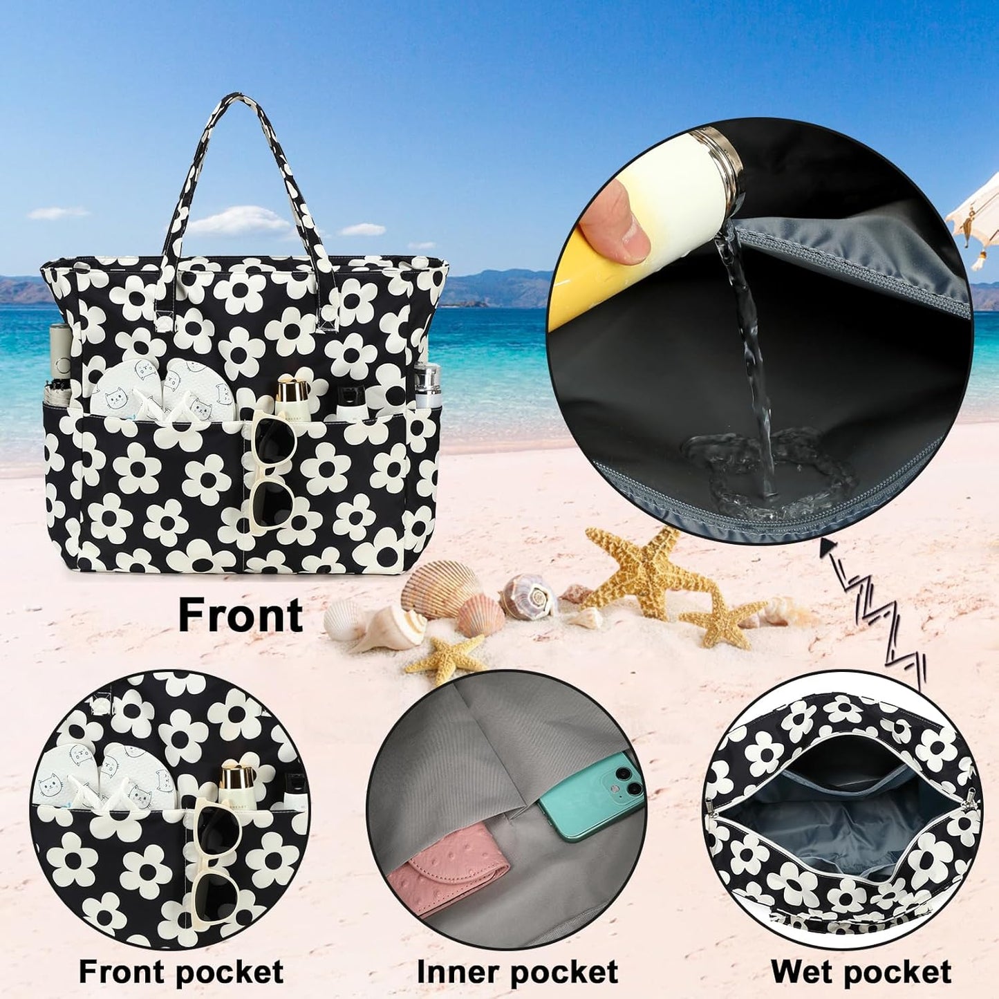 Waterproof Beach Tote Pool Bags for Women Ladies Extra Large Gym Tote Carry On Bag With Wet Compartment for Weekender Travel